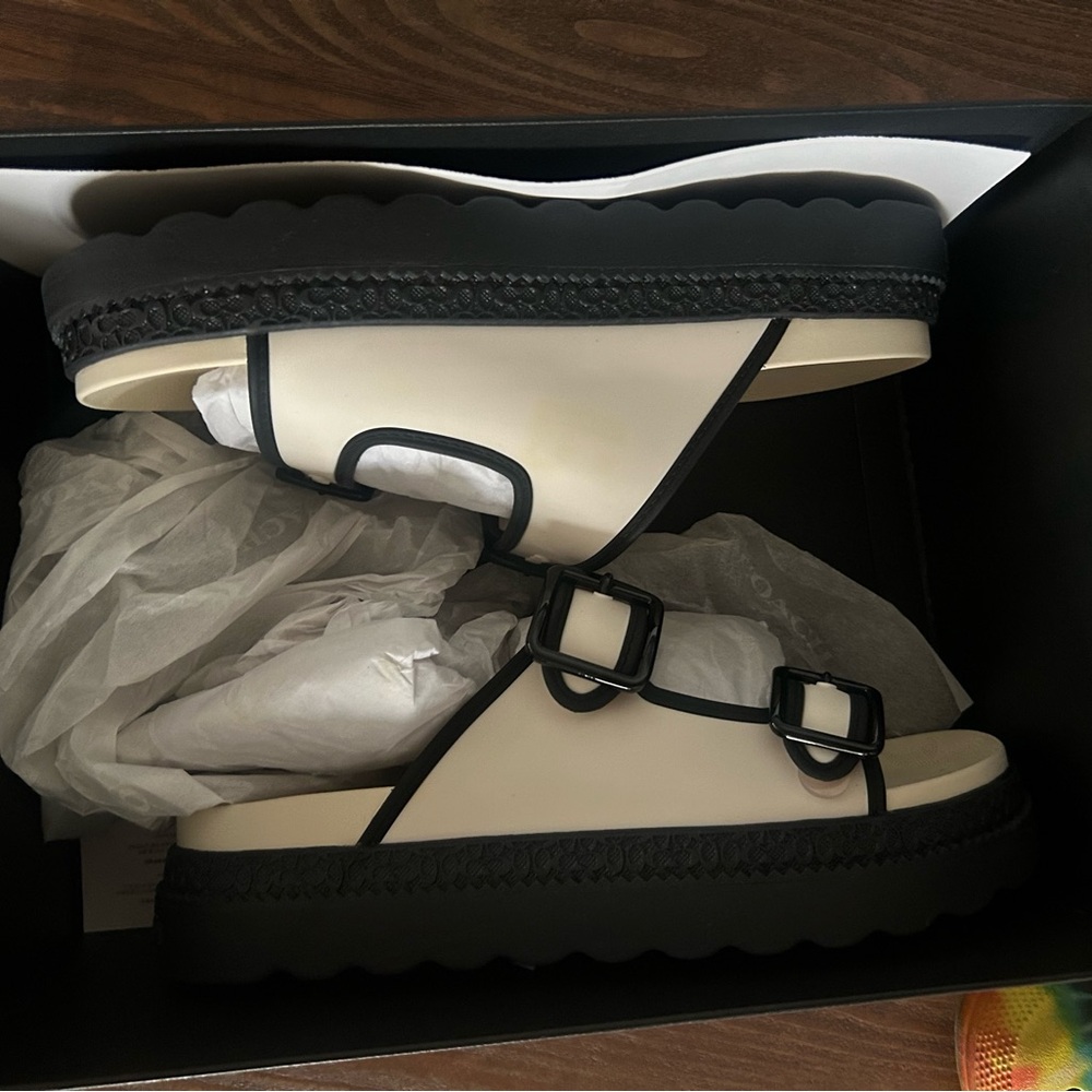 Women's COACH Cream and Black Sandals